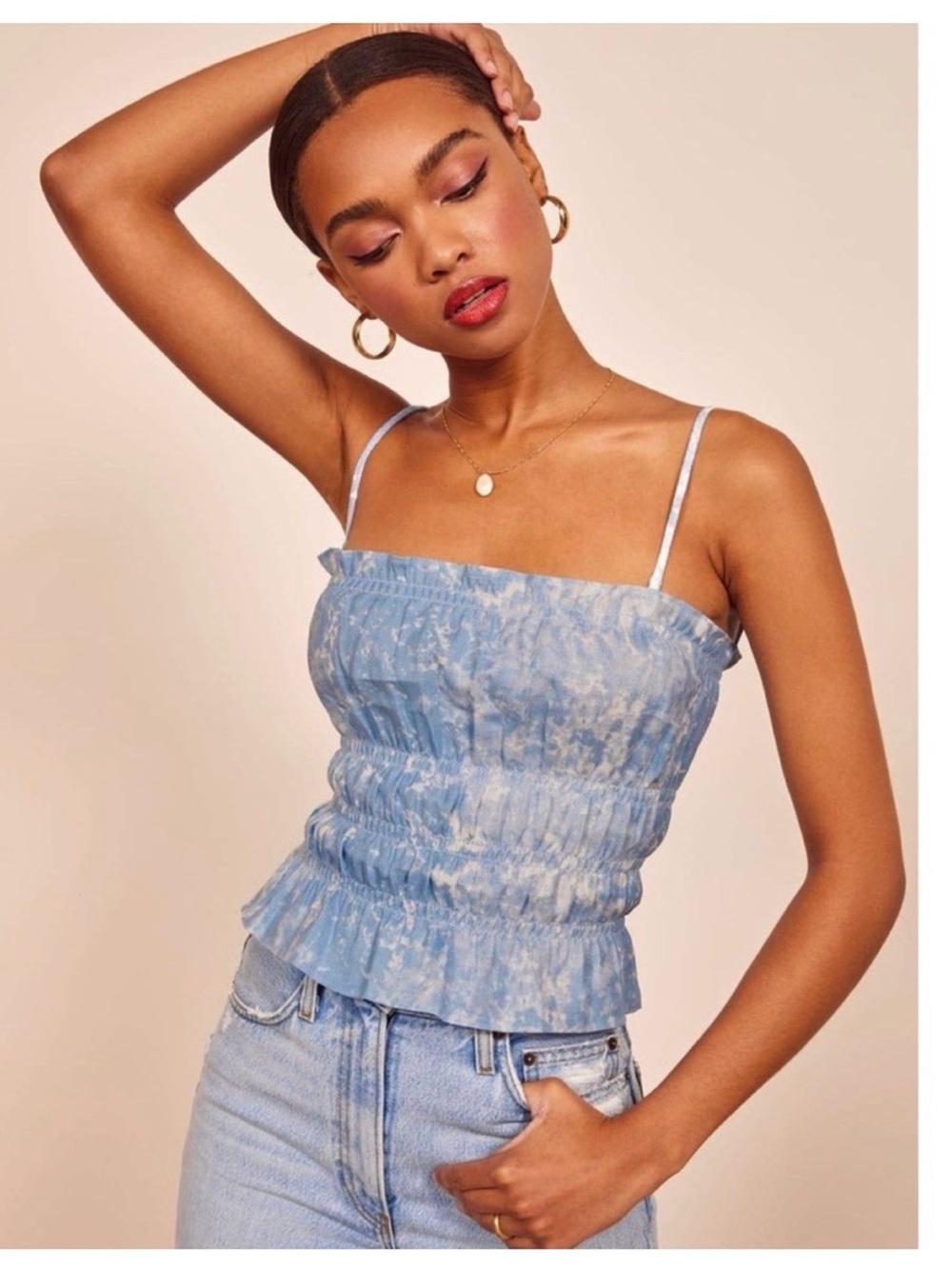 REFORMATION Shibori Linen Square Neck Ruched Coquette Y2K Camisole Tank Top M